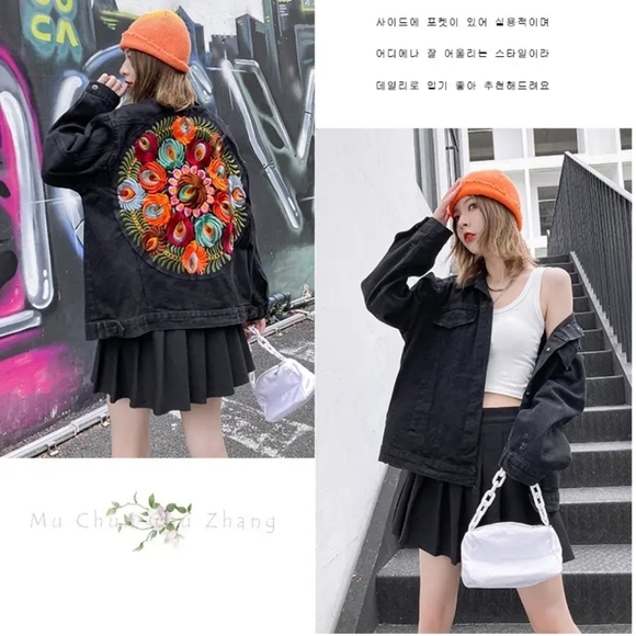 Black Denim Floral Embroidered Oversized Jacket - Picture 11 of 15